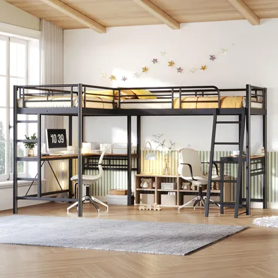 Obrázek produktu pro MODFU, kovová palanda s pracovním stolem, rozměry 90 x 200 cm, s dvoustupňovým schodištěm, vysokým zábradlím, vhodná pro děti a teenagery, černá barva, bez matrace