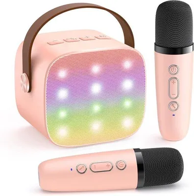 Zdjęcie produktu dla Mini głośnik Bluetooth z 2 mikrofonami bezprzewodowymi – prezent dla dziewczynek w wieku 3–10+ lat – różowy – 1 zestaw