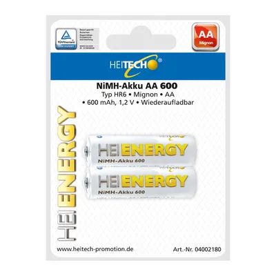 Image de Heitech Batterien HEIENERGY Batterie NiMH AA Mignon 600, paquet de 2