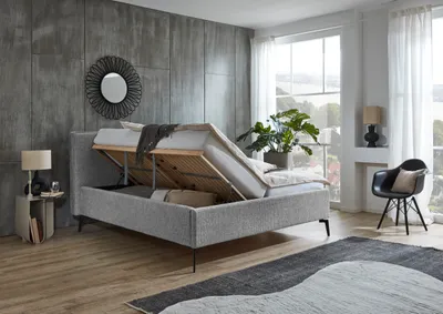 Produktbild von Meise Möbel Stauraumbett Riva 160x200 cm | Doppelbett | Bettkasten & Lattenrost (Federholzrahmen) | Webstoff Nebelgrau | Metallfuß schwarz