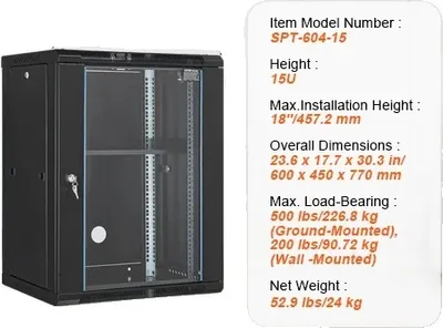 Produktbild von Wandmontierter Server-Schrank, 500 lbs Tragfähigkeit, 15U Höhe, Q235 Kohlenstoffstahl