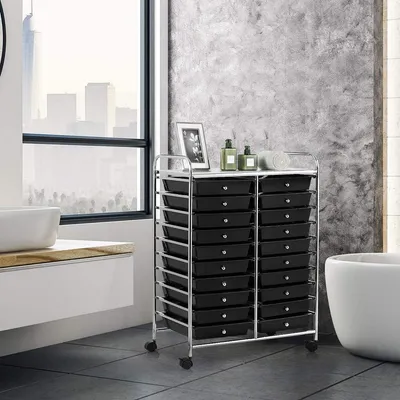 Produktbild von COSTWAY Rollwagen mit Schubladen Rollcontainer Badrollwagen Badtrolley Badregal mit 20 stapelbaren Schubladen Metallgestell Beistellwagen (Schwarz)
