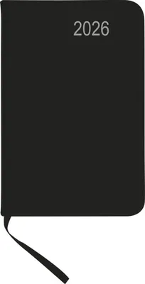 A black diary with the year 2026 printed on it, lying flat on a white background with a ribbon bookmark.