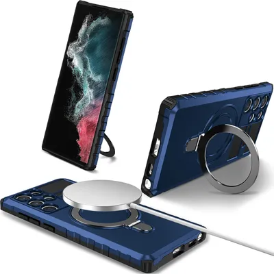 Immagine prodotto di Custodia per Samsung Galaxy S22 Ultra 5G magnetica con MagSafe, supporto per anello, supporto, custodia protettiva a doppio strato blu
