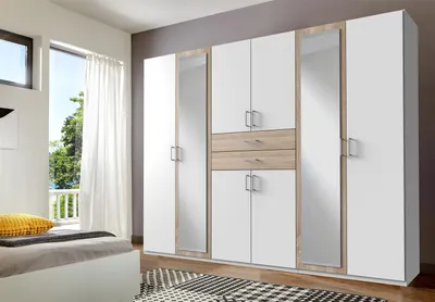 Produktbild von Kleiderschrank Drehtürenschrank Schlafzimmerschrank Schrank Schlafen "Drugi II" Weiß/Eiche sägerau