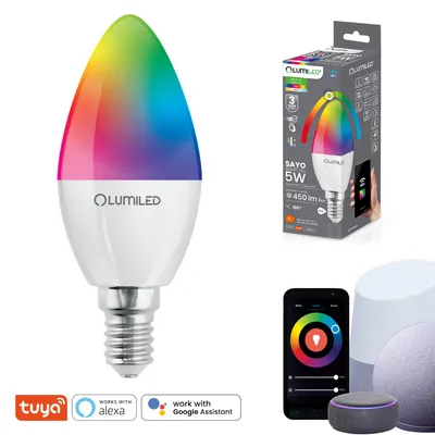 A collage of a smart LED light bulb, its packaging, a smartphone displaying a color selection app, and smart speakers.