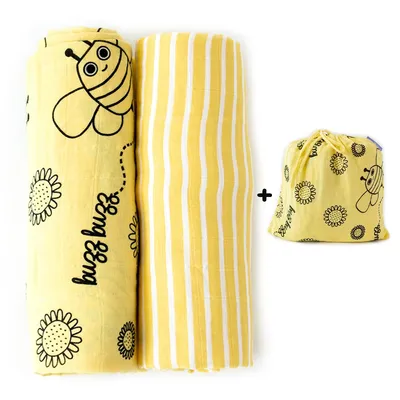 Zdjęcie produktu dla Zestaw 2 muślinowych kocyków Milk&Moo Buzzy Bee, 100% bawełna, chusta do karmienia, 2 częściowy muślinowy kocyk do wózka i gondoli, 110x110 cm, żółty