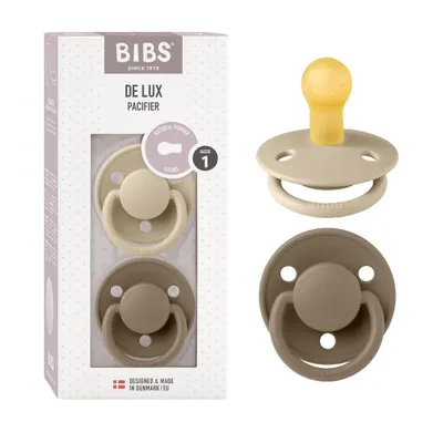 Produktbild von BIBS De Lux Schnuller 2er-Pack, BPA-frei, Kirschform Nippel. Naturkautschuk / Latex, Hergestellt in Dänemark. Größe 1 (0-6 Monate), Vanilla / Dark Oak