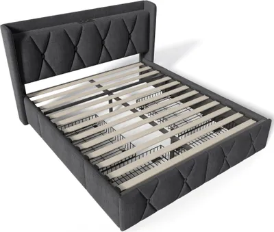 Produktbild von Polsterbett 140x200cm Doppelbett (Ohne Matratze) Grau Leinen Stauraumbett Mit USB Ladefunktion und 4 Schubladen Lattenrost aus Holz