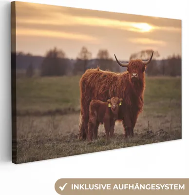 Produktbild von MuchoWow® - Leinwandbilder - Schottische Highlander - Tiere - Landschaft - Sonnenuntergang - Kuh, Wandbild, Wanddeko Bilder Wohnzimmer, 90x60 cm