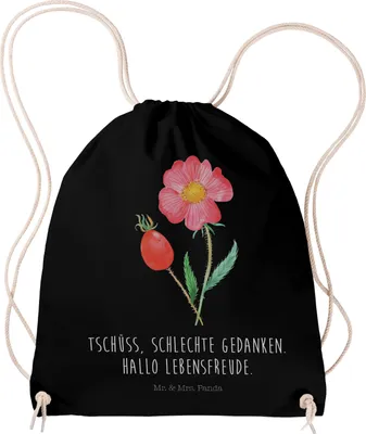Produktbild von Mr. & Mrs. Panda Jutebeutel Blume Hagebutte - Schwarz - Geschenk, wander rucksack, Beutel, Garten, Schlechte Gedanken, Lebensfreude, Turnbeutel, Baumwollbeutel