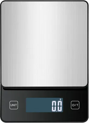 A digital kitchen scale with a stainless steel platform and a black base.