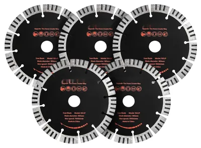 Obrázok produktu pre Sada diamantových rezných kotúčov - 5 kusov, priemer 160 mm - priemer otvoru 22,2 mm - výška segmentu 15 mm - vhodné na betón, murivo, kameň - na suché aj mokré rezanie - maximálna rýchlosť 7000 ot./min