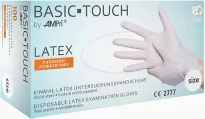 Zdjęcie produktu dla Rękawiczki Rękawice Lateksowe BASIC-TOUCH AMPRI Bezpudrowe Komfort i Ochrona - 100 szt - Rozmiar S