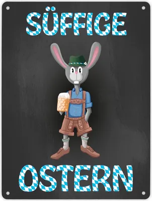 Produktbild von Süffige Ostern Metallschild XL in 21x28 cm mit Osterhase in Lederhosen
