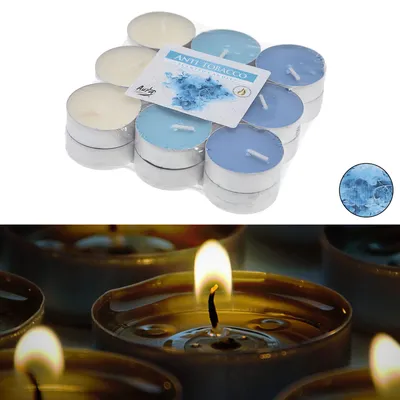 Produktbild von Duft Teelichter 18er Set Anti Tabak Ø3,9x1,5cm weiß türkis hellblau Kerzen Duftkerze Teelicht Paraffinwachs