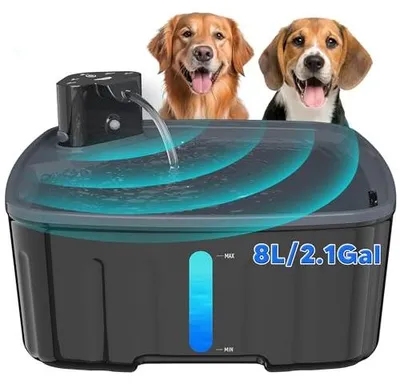 Produktbild von Trinkbrunnen für Hunde Kabellos, 8L Grosse Hundebrunnen Katzenbrunnen mit Bewegungsmelder, Hunde Trinkbrunnen Kabellos mit Akku 4000mAh, mit Leiser Pumpe und Aktivkohlefilter