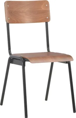 A single chair with a wooden seat and backrest, and black metal legs, shown against a white background.