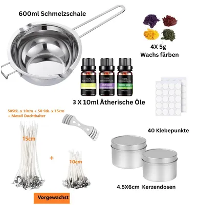 Produktbild von Kerzen Selber Machen Set, Kerzenherstellung Kit, Wachsschmelztopf, Kerzendochte, Farben, Öle, Dosen, Kerzen Aufkleber, Dochthalter