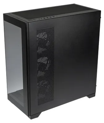A black computer case with a glass side panel is shown from a three-quarter angle.