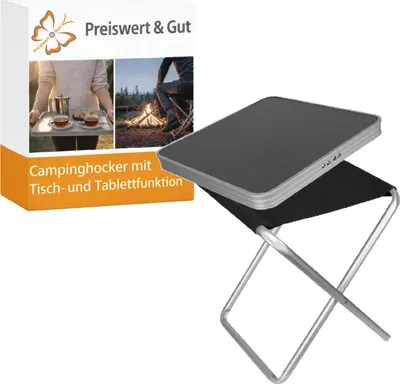 Produktbild von Klappbarer Campinghocker mit Tischplatte 40 x 40 cm faltbarer Aluminium Hocker bis 100 kg Sitzhöhe 45 cm Grau