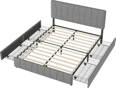 Obrázek produktu pro manželská postel 160 x 200 se 4 zásuvkami, čalouněná postel s dřevěným roštem, měkká sametová látka, šedá barva