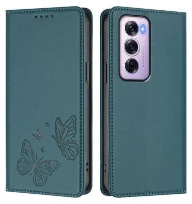 Image de Étui en cuir pour Oppo Reno12 Pro 5G, motif papillon, étui portefeuille à rabat avec support, vert