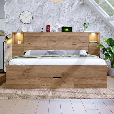 Immagine prodotto di Letto classico Abrihome 160x200cm matrimoniale con illuminazione LED e USB, letto contenitore letto in legno massiccio con cassetti (senza materasso)