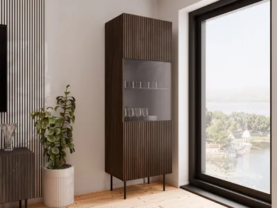 A tall, dark wood display cabinet with a glass section is placed in a modern living room next to a large window with a view of a lake and buildings.