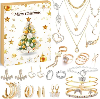 Produktbild von Schmuck Adventskalender 2025 – 24 Tage Gold & Silber Ohrringe Halsketten Armbänder für Kinder & Erwachsene Weihnachts-Countdown Geschenk Set