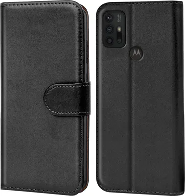 A black flip case for a smartphone, shown from the front and back.