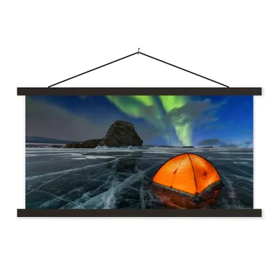 Produktbild von MuchoWow® Textilposter Nordlichter - Zelt - Eis - Skandinavien 60x30 cm mit schwarzem Rahmen - Textilien