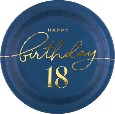 Zdjęcie produktu dla Talerzyk papierowy Happy Birthday 18, granatowy 18cm 6szt.