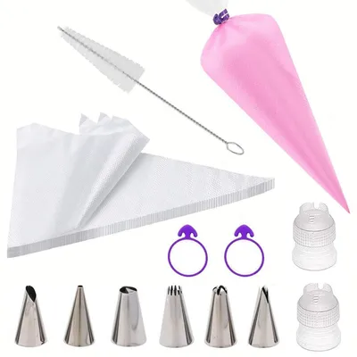 Immagine prodotto di Set di sacchetti per decorazioni con beccucci, composto da 36 pezzi, ideale per decorare torte. Include beccucci in acciaio inossidabile, sacchetti monouso e anelli in silicone