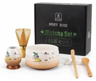 Produktbild von Mary Rose - Matcha Tee Set Sangaku - Keramik Matchawan Schale 500ml - Bambus Chasen Besen, Halter, Löffel - Geschenkbox