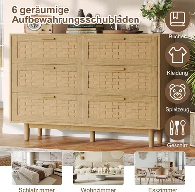 Image de Commode UnboxG à 6 tiroirs, aspect chêne et imitation rotin en PVC, dimensions 115 x 40 x 80 cm, meuble de rangement robuste pour le salon, la chambre et le couloir