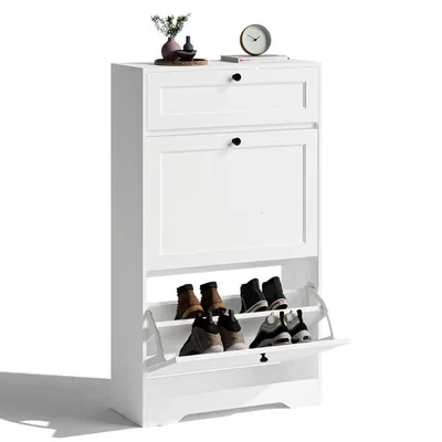 Zdjęcie produktu dla Szafka na buty BEALIFE, 58x24x102 cm, z 2 przegródkami otwierającymi się do góry i szufladą na górze | Zabezpieczenie przed przypadkowym otwarciem, regulowane półki | Do przedpokoju | Biały/Brązowy | FS58