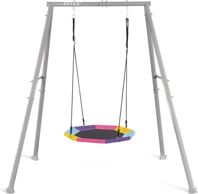 A swing set with a colorful hexagonal swing seat, shown against a white background.