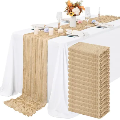 Immagine prodotto di Tovagliette in tessuto di garza, 15 pezzi, color beige, 55x300 cm, stile rustico, ideali per la decorazione della tavola
