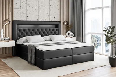 Produktbild von ALTDECOR Boxspringbett mit Matratze (20 cm hoch) und Topper (4 cm hoch), Polsterbett mit Kopfteil, Bettkasten und LED Licht - NOEL GOLD - 180x200 - H4 / Schwarz Kunstleder