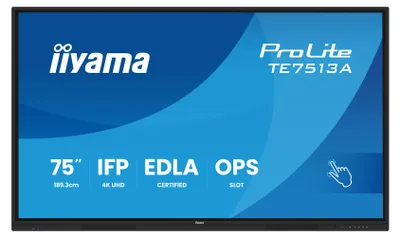 Obrázek produktu pro iiyama TE7513A-B3AG, Interaktivní plochý panel, 190,5 cm (75"), LCD, 3840 x 2160 px, Wi-Fi, 24/7, productTiles.product.images.aiGenerated