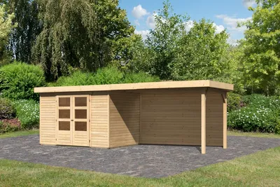 Produktbild von Karibu Gartenhaus Gerätehaus Askola 4 im Set mit Anbaudach 2,80 m Breite und 19 mm Rückwand naturbelassen 557x217x211 cm