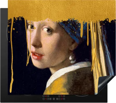 Produktbild von KitchenYeah© Herdabdeckplatte Mädchen mit einem Perlenohrring - Gold - Vermeer , 57x51cm, Küche Deko, Glaskeramikkochfeld Herdabdeckung, Abdeckplatte fùr Kochfeld