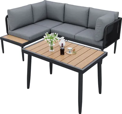 Produktbild von MERAX Gartenlounge-Set 3-tlg aus verzinktem Stahl und handgeflochtenem Seil,  4-Sitzer Gartenmöbel-Set Essgruppe mit 2 Ecksofa & Esstisch