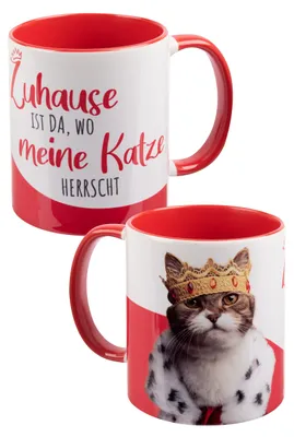 Katzenbecher aus Keramik, Spruch, 320 ml, Rot/Weiß