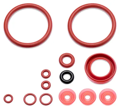 A collection of red, black, and pink O-rings and seals laid out on a white background.