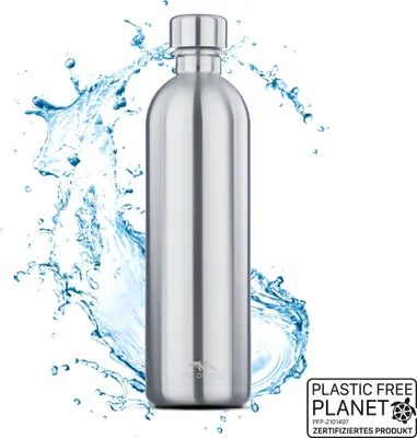 A stainless steel water bottle is shown with water splashing around it.