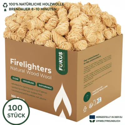 Produktbild von Horeca Candles Anzündwolle 100 Stk – Natur-Feueranzünder aus Holzwolle & Wachs – Für Grill, Kamin & Ofen – Geruchlos & Umweltfreundlich