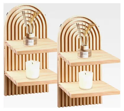 Produktbild von 2er Set Wandregal aus Holz im Boho-Stil, Regenbogen Wandregale, Hängeregal mit zwei Ebenen, Wanddeko für Schlafzimmer und Wohnzimmer