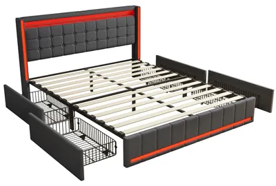 Obrázok produktu pre Čalúnená dvojlôžková posteľ - 140 x 200 cm - 4 zásuvky pod posteľou - Čalúnená opierka - Rošt - Zamat - Tmavosivá